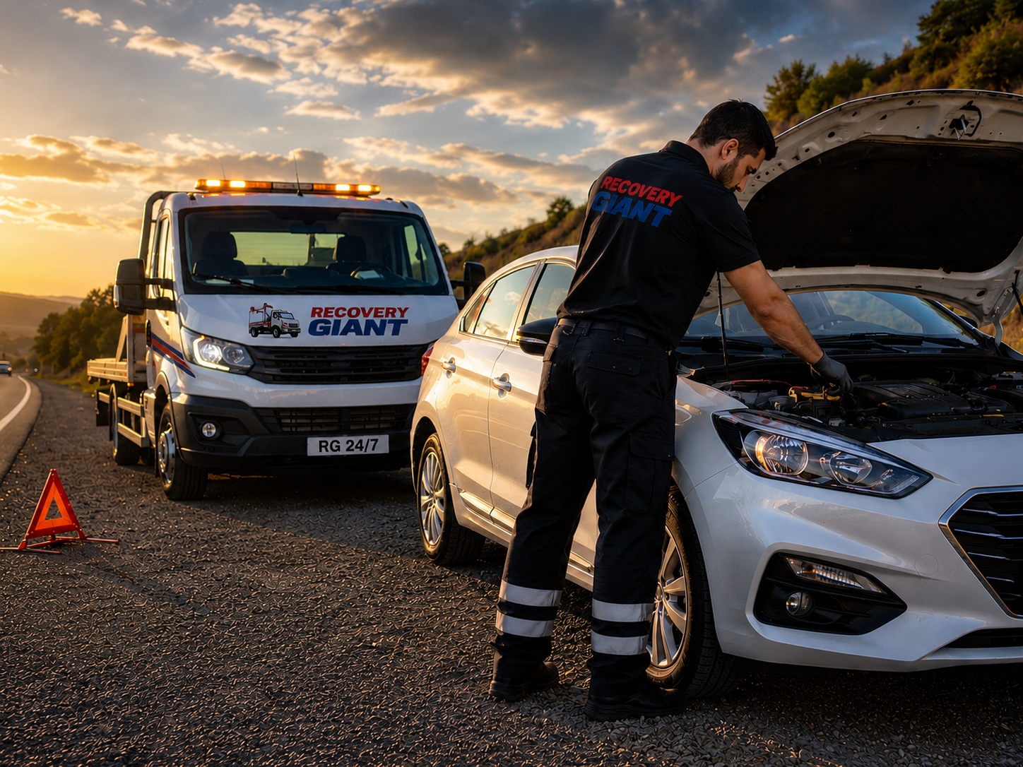 Motorist beside a car stranded at the roadside waiting for roadside assistance