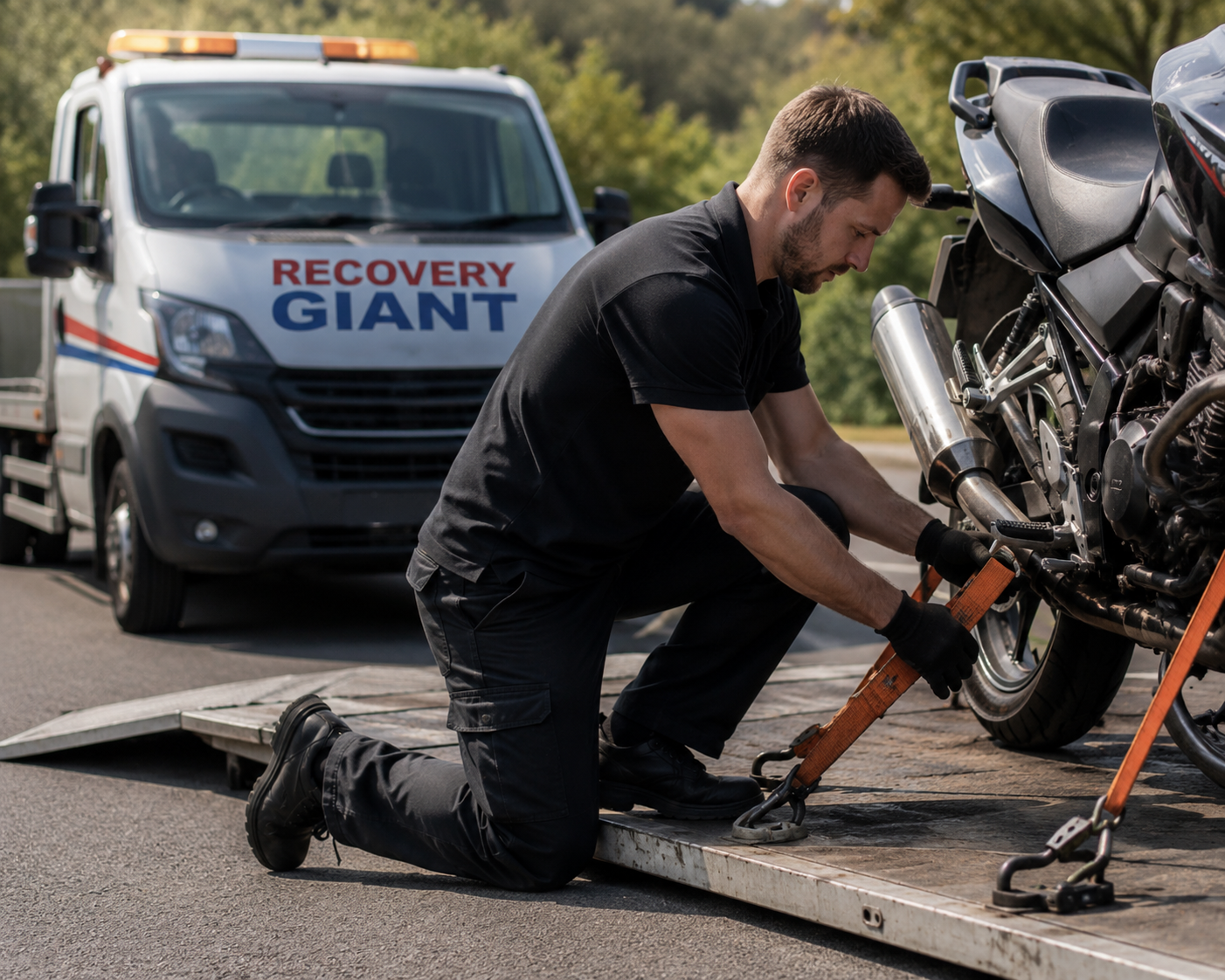 Mechanic working on a motorcycle during recovery and repair