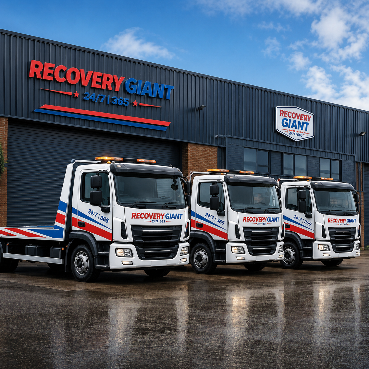 Fleet of Recovery Giant recovery trucks lined up ready for dispatch