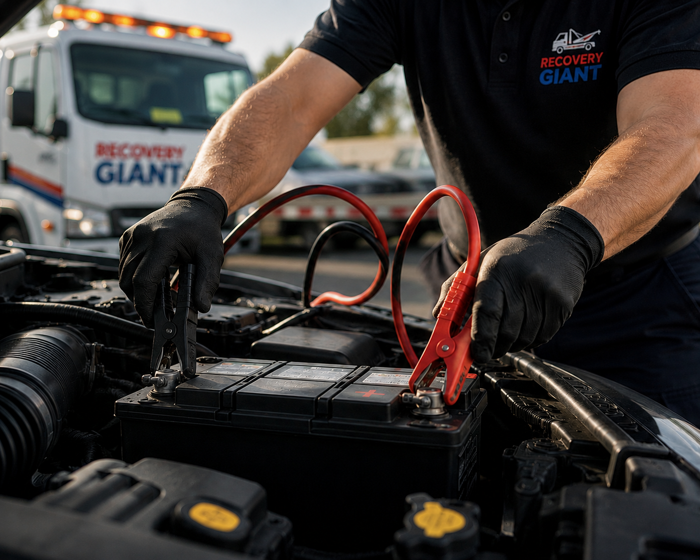 Car battery with jumper cable clamps connected to the terminals for a jump start